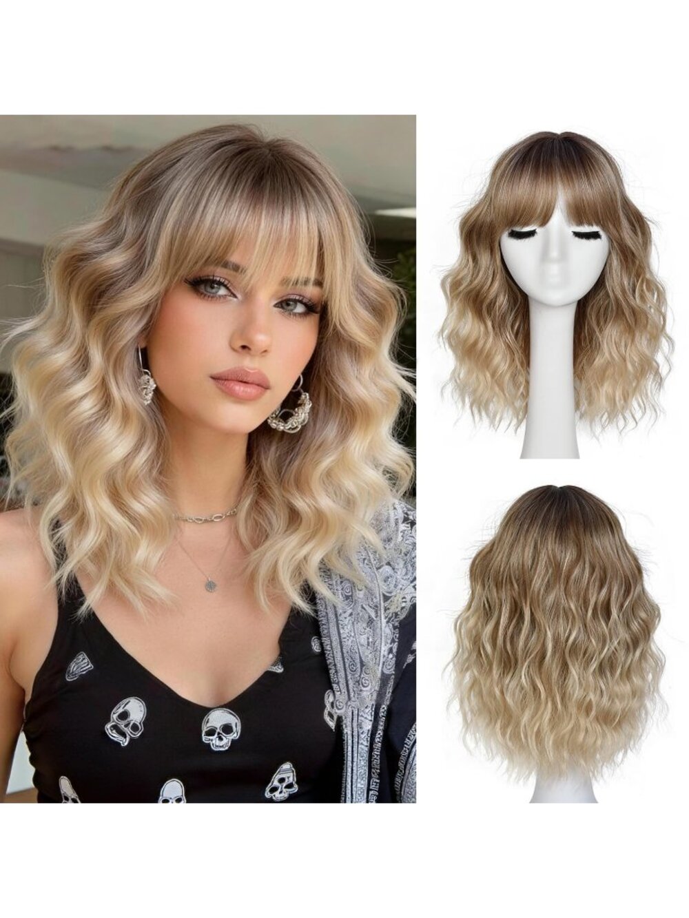 Women's Brown Blonde 14 Inch Natural Synthetic Short Curly Wavy Fiber Wigs